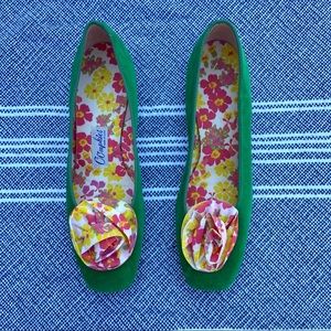 Vintage 1950s green velvet floral flower detail shoes NARROW